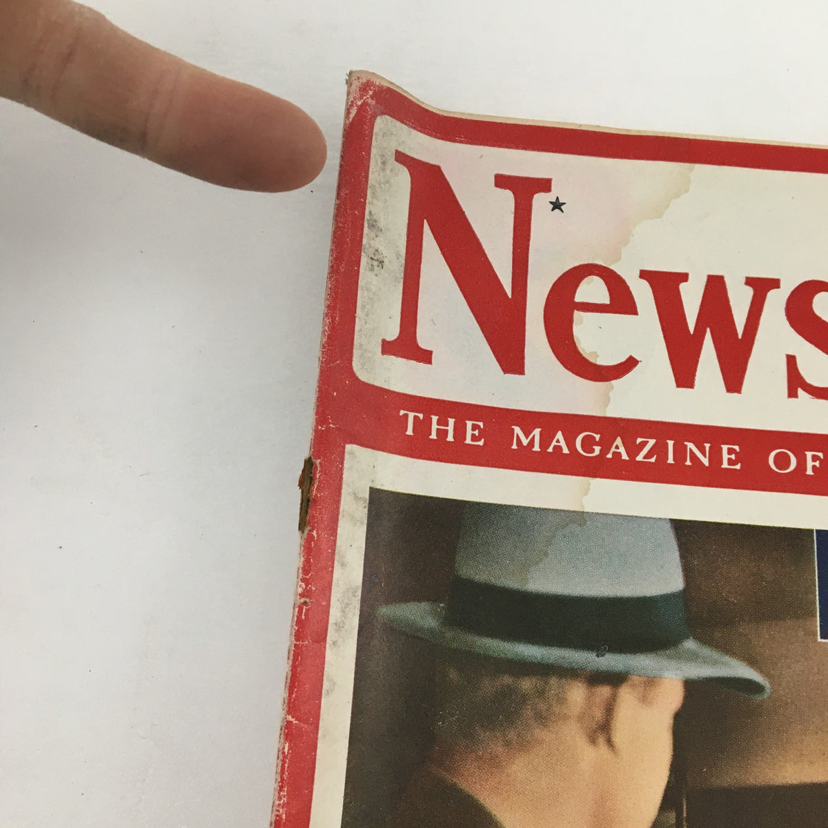 Close-up view of the Newsweek Magazine September 17, 1945 cover showing minor wear and detailing the title 'Honorable Service To Our Country.' The image highlights the magazine's vintage aesthetic.