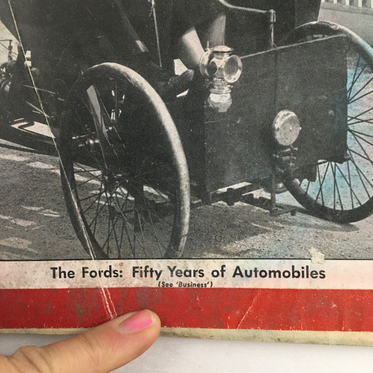 Detailed image of the headline from the June 10 1946 Newsweek Magazine cover reading The Fords: Fifty Years of Automobiles, capturing the essence of automotive history.