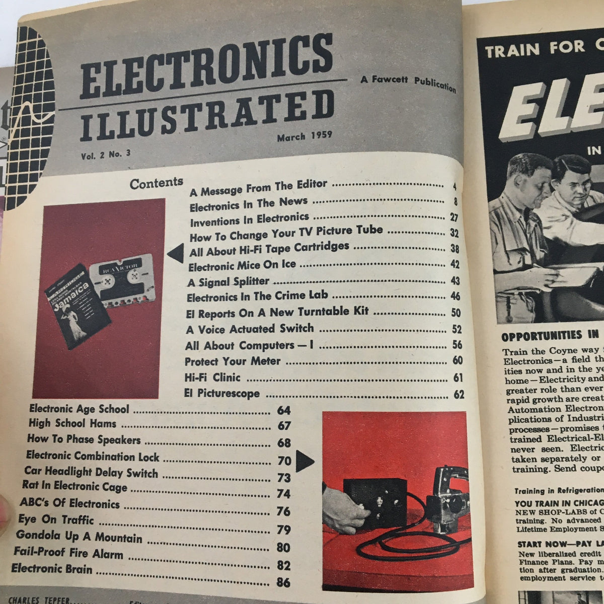 Inside page of Electronics Illustrated Magazine March 1959 displaying the contents section, highlighting articles on electronics inventions and a guide on how to change a TV picture tube.