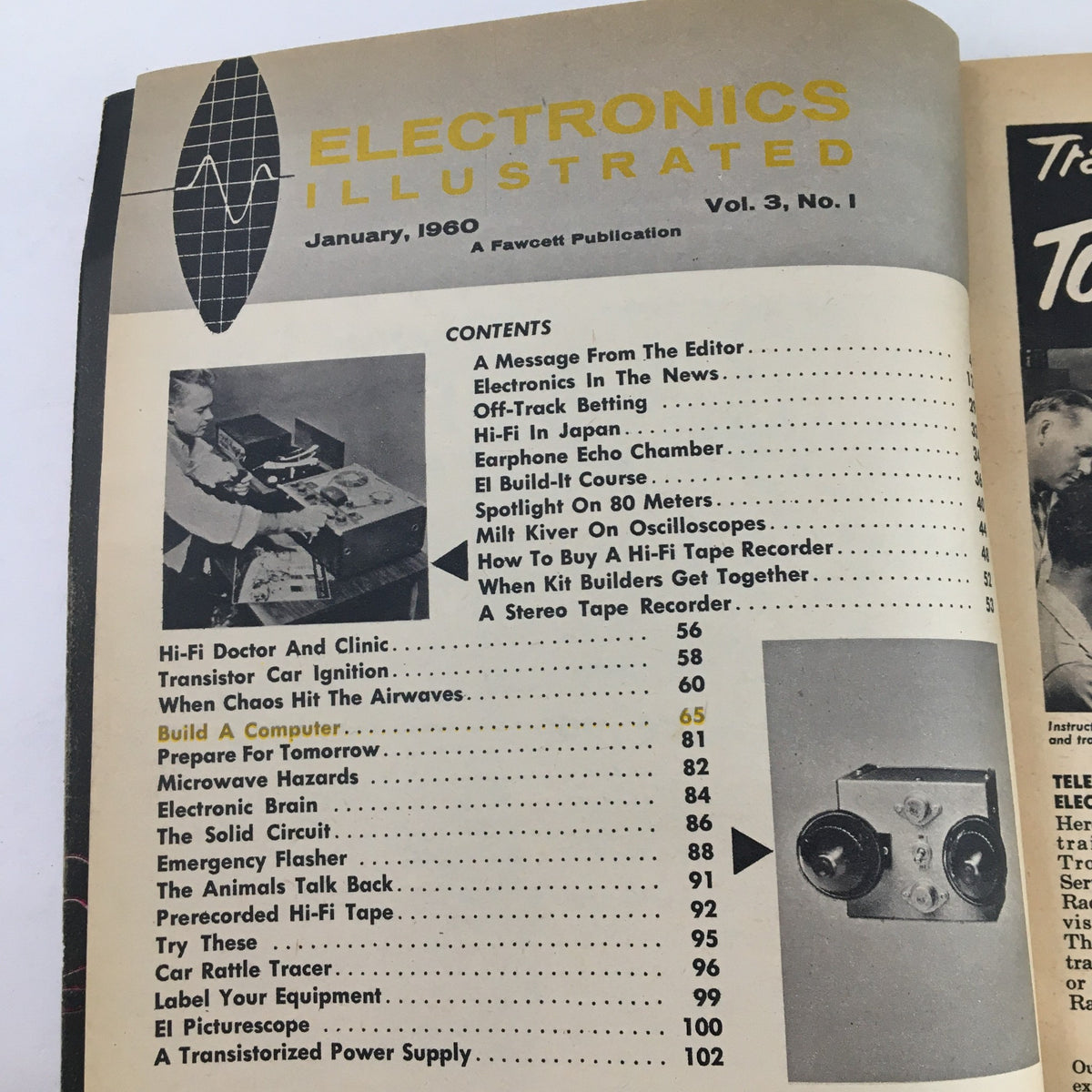 Contents page of Electronics Illustrated Magazine January 1960 featuring topics on technology, including articles on Hi-Fi, car ignition, and electronic equipment.