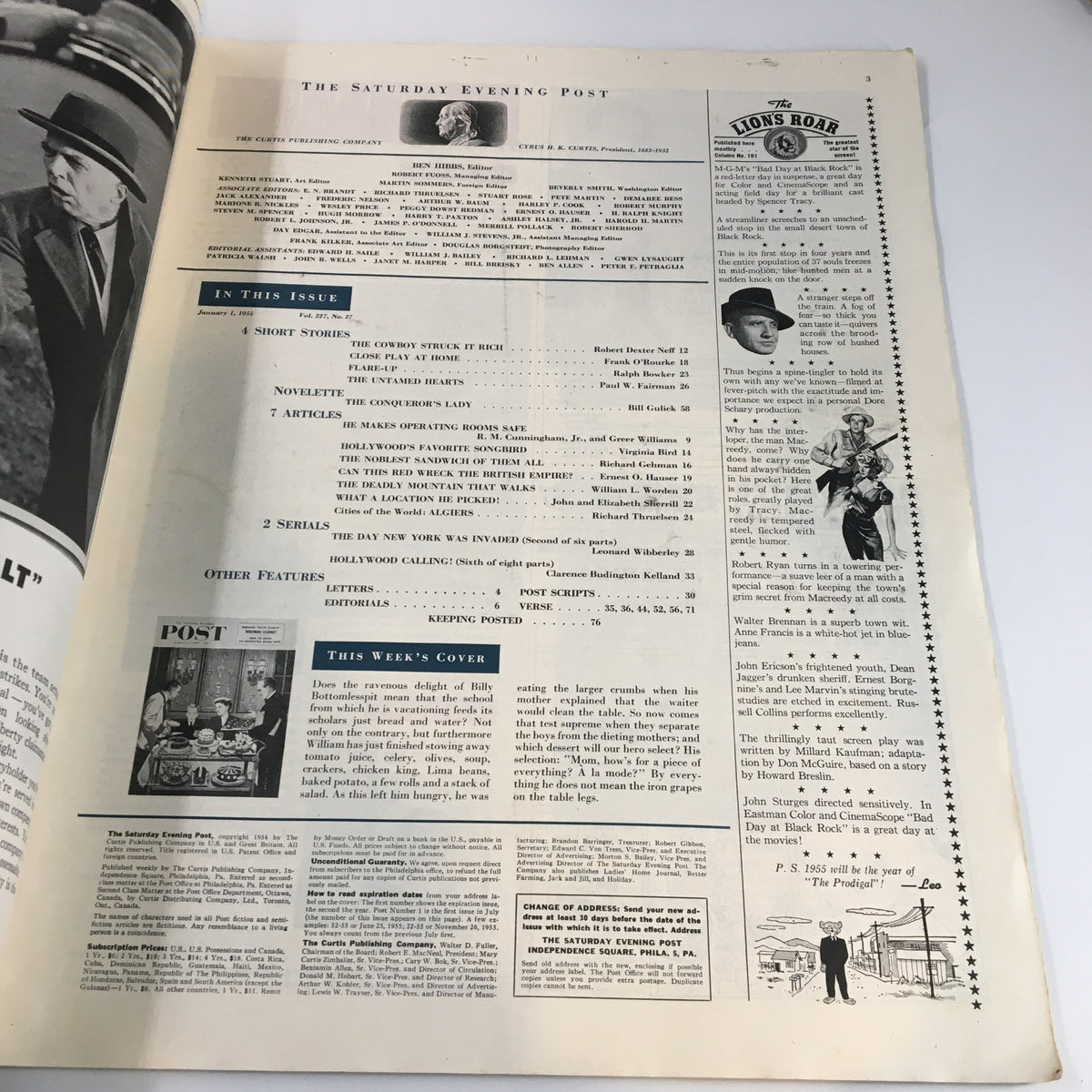 Interior page of The Saturday Evening Post January 1 1955, featuring the table of contents and article listings, highlighting the magazine's rich content.