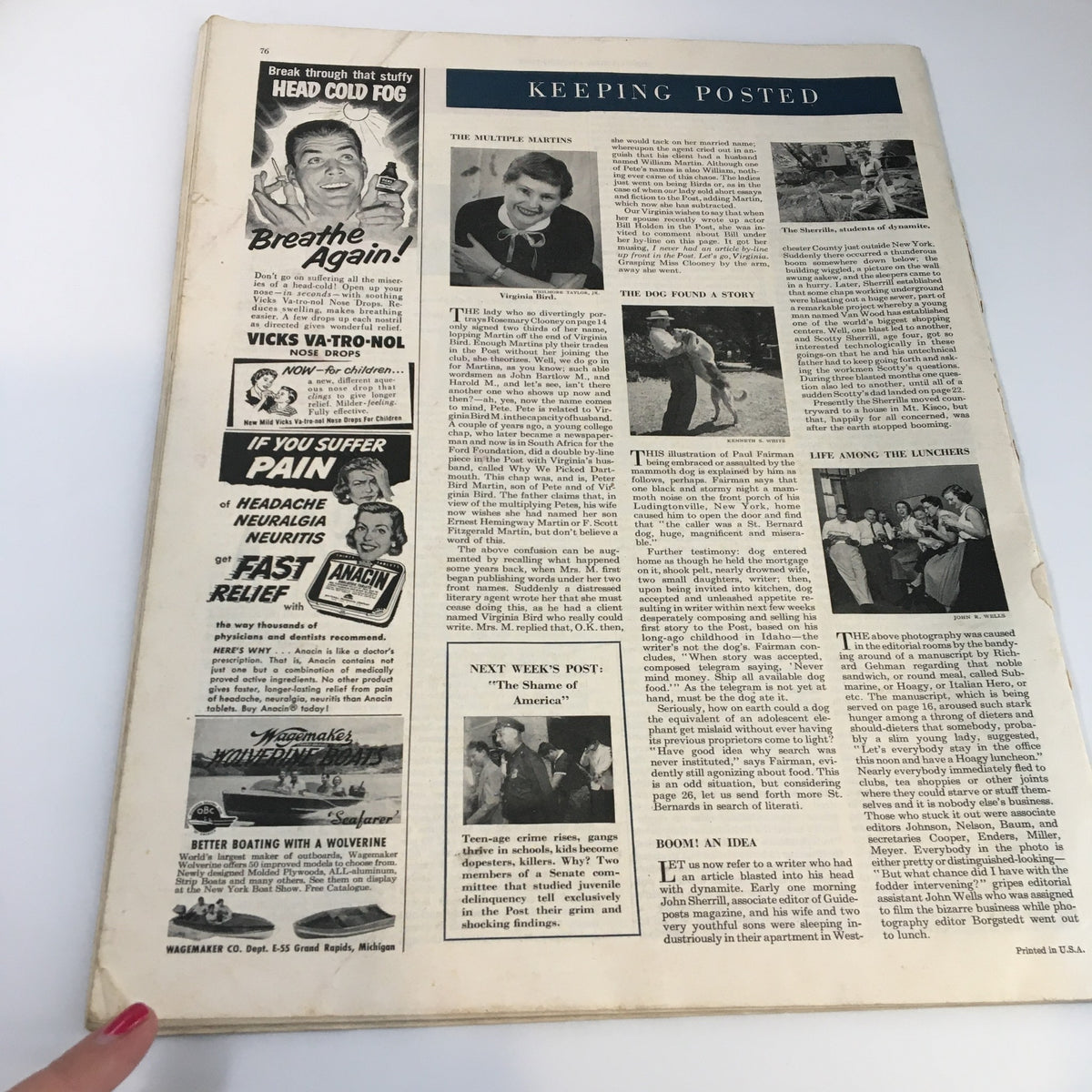 Another page from The Saturday Evening Post January 1 1955, displaying advertisements and articles under the Keeping Posted section, encapsulating the vintage feel.