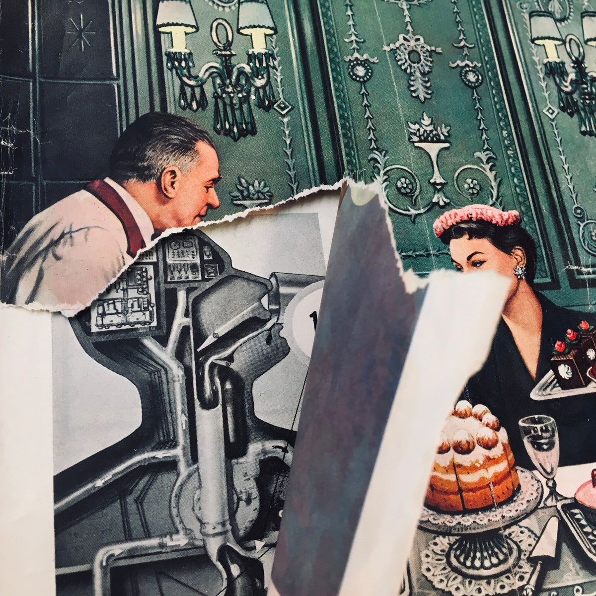 Detailed close-up of an illustration from The Saturday Evening Post January 1 1955, capturing a waiter attending to a stylishly dressed woman at a vintage dining table.