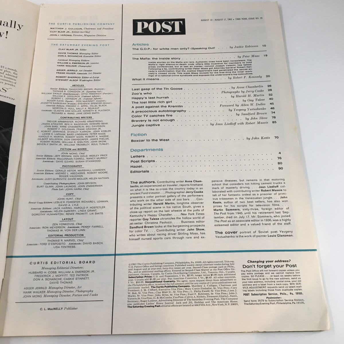 Table of contents from The Saturday Evening Post August 17 1963 featuring articles on the Mafia and various contributing authors.