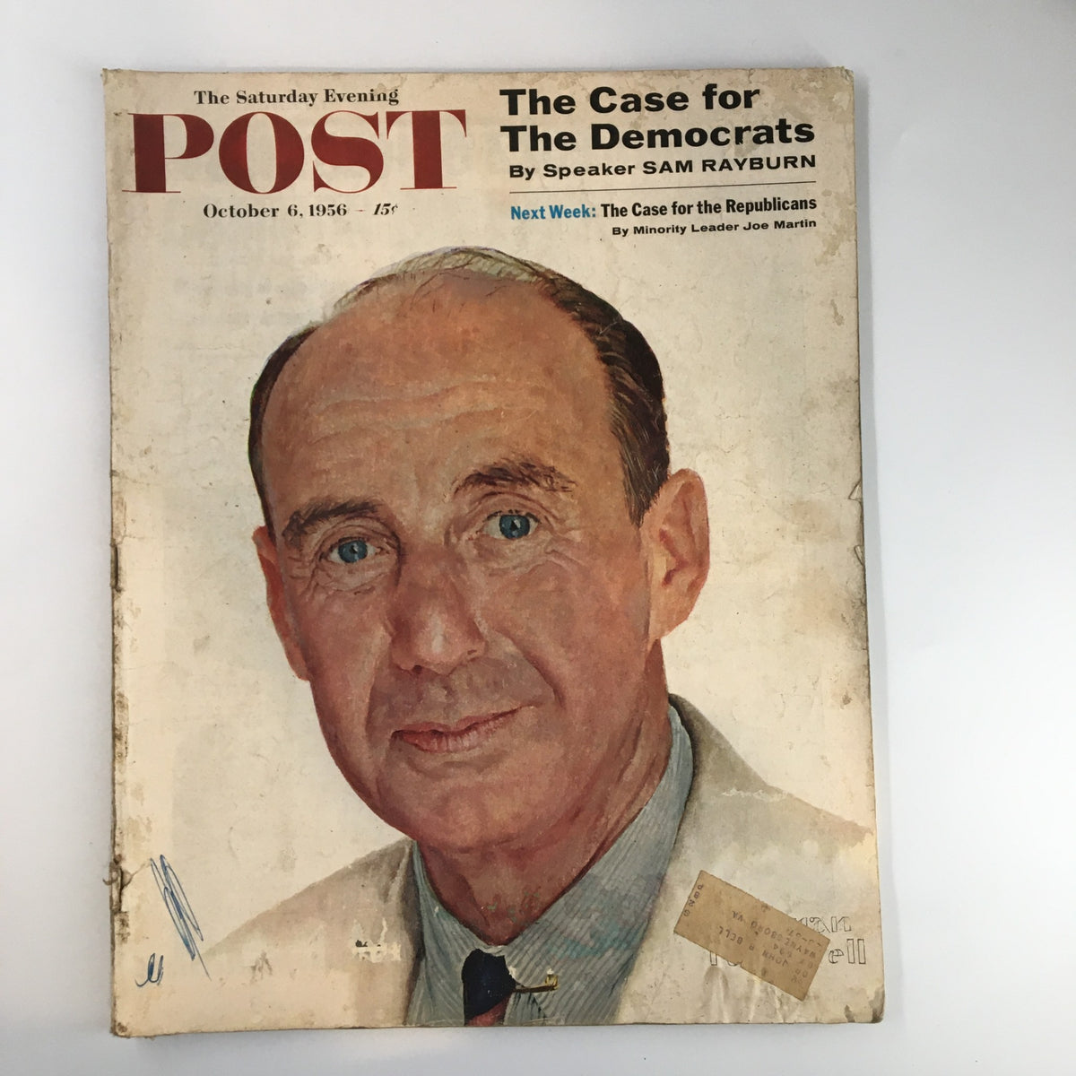 Cover of The Saturday Evening Post from October 6, 1956, featuring the title 'The Case for The Democrats' with an illustration of a middle-aged man, depicting political themes from the 1950s.
