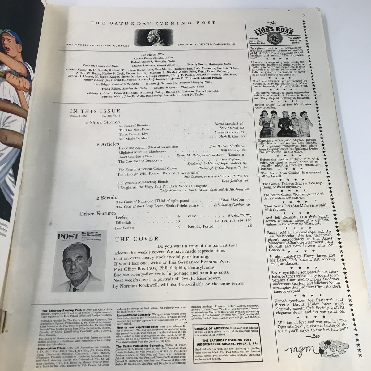 Interior page of The Saturday Evening Post, October 6, 1956, displaying the contents and articles including 'The Case for The Democrats'.
