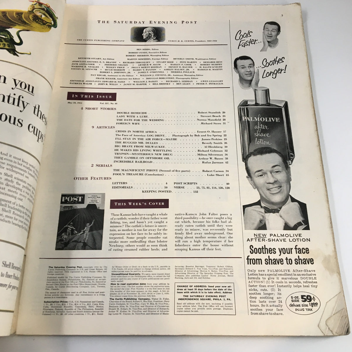 Interior page of The Saturday Evening Post from May 28, 1955, displaying the table of contents and an advertisement for Palmolive after-shave lotion, linked to mid-20th century culture.
