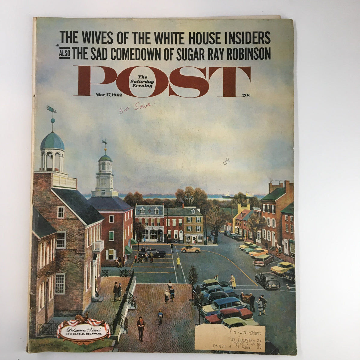 Cover of The Saturday Evening Post from March 17, 1962, featuring the article 'The Wives of the White House Insiders' and a classic illustration of a town square.