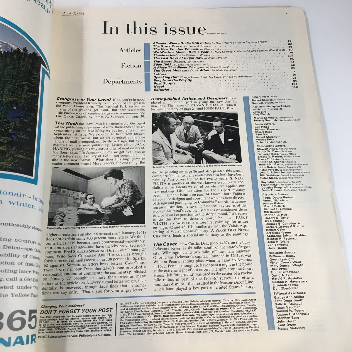 Inside page of The Saturday Evening Post, March 17, 1962, showing the table of contents and articles including 'The Wives of the White House Insiders'.