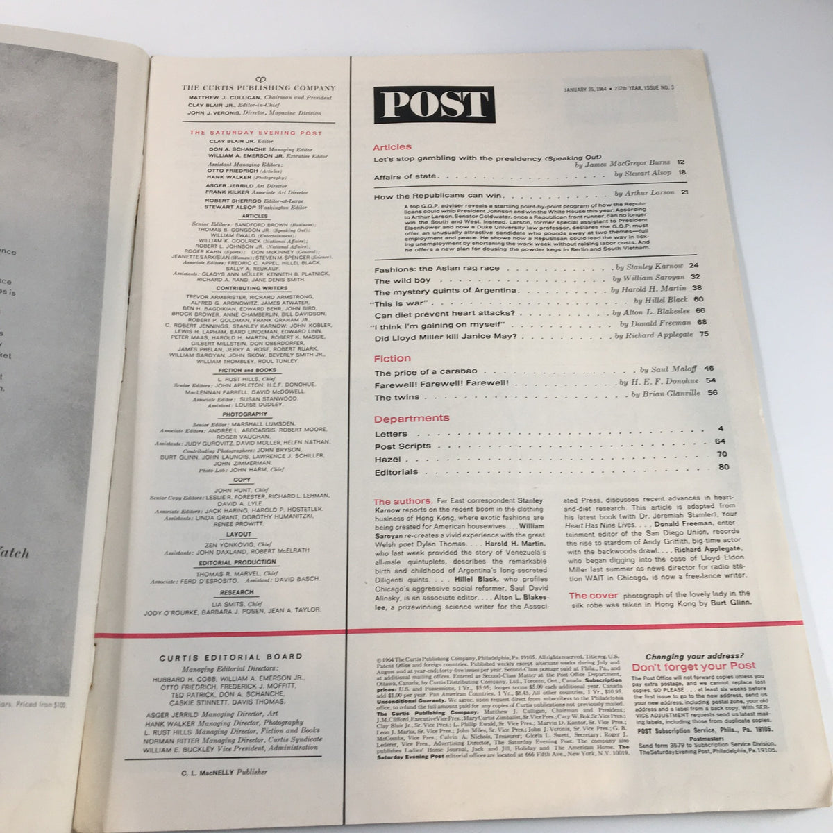 Interior page of The Saturday Evening Post January 25 1964 showcasing the table of contents and featured articles.