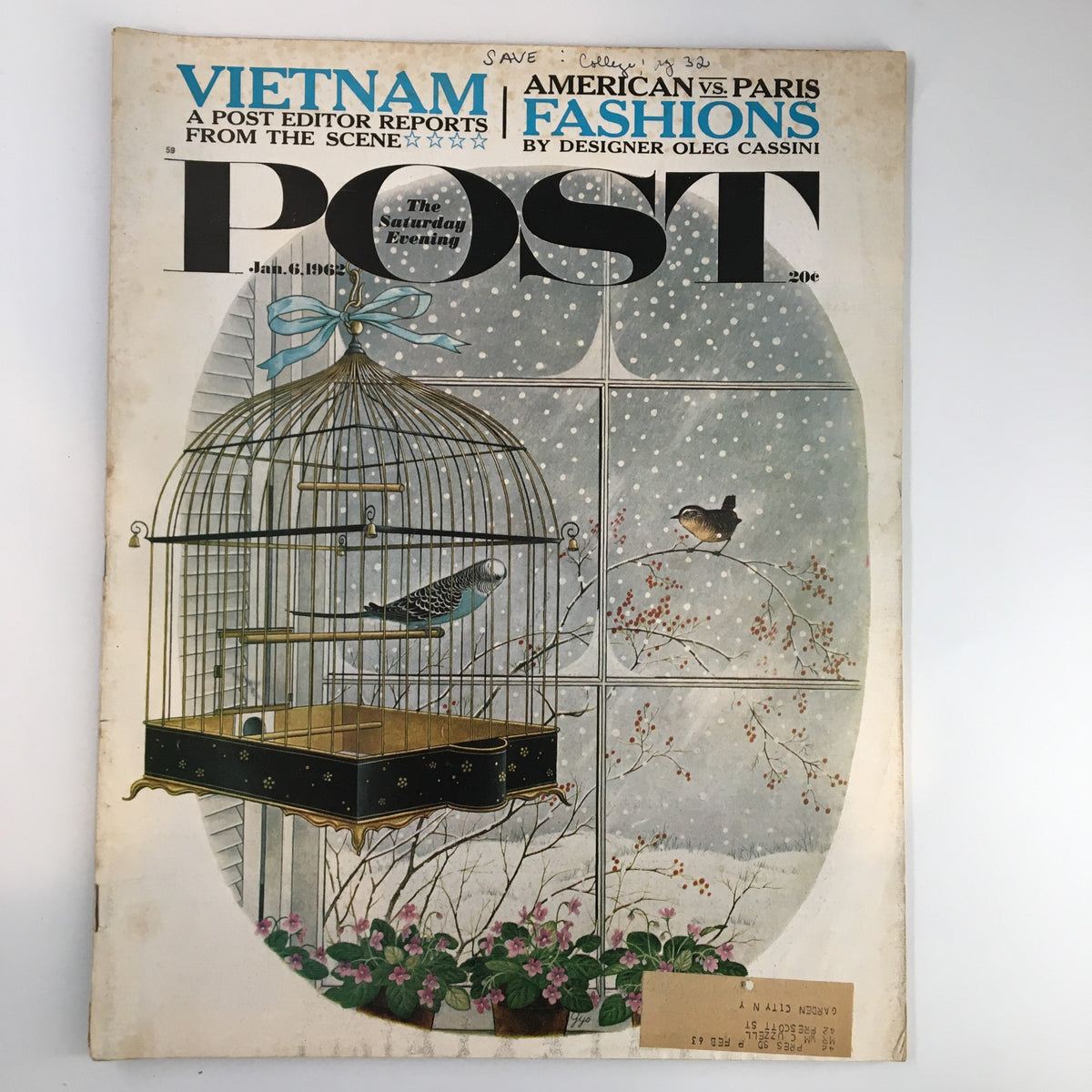 Cover of The Saturday Evening Post January 6, 1962, showcasing an artistic illustration with a birdcage, featuring themes of American vs Paris fashions by designer Oleg Cassini.