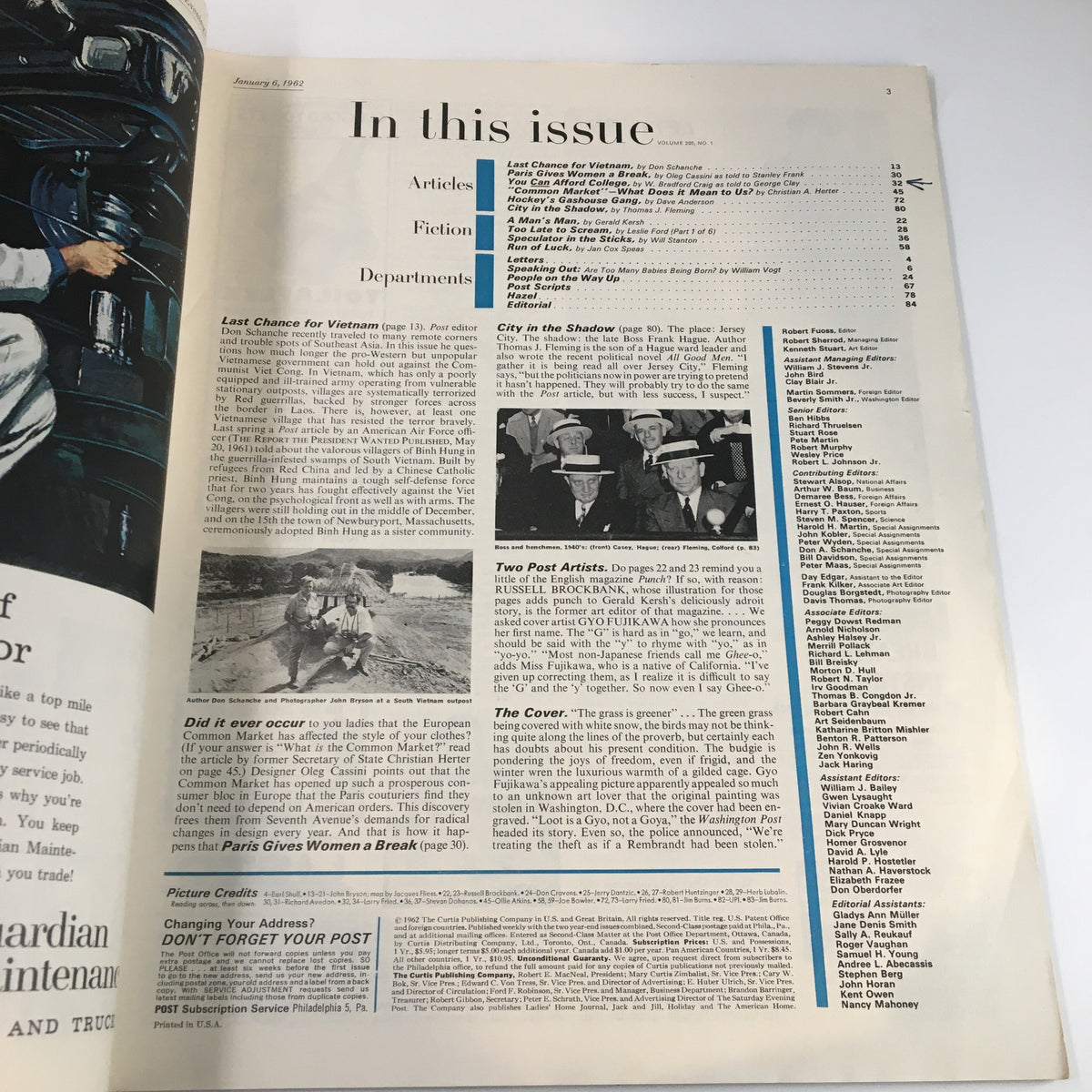 Interior page of The Saturday Evening Post January 6, 1962, outlining the contents including articles and features related to American vs Paris fashions and Vietnam reports.