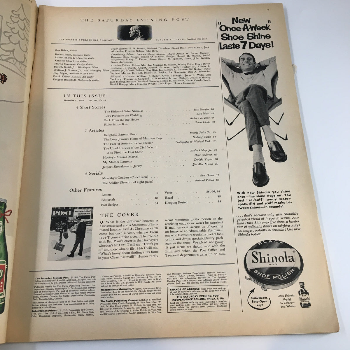 Inside page of The Saturday Evening Post December 17, 1960, displaying the table of contents and featuring various articles including 'Who Fired The First Shots?'.