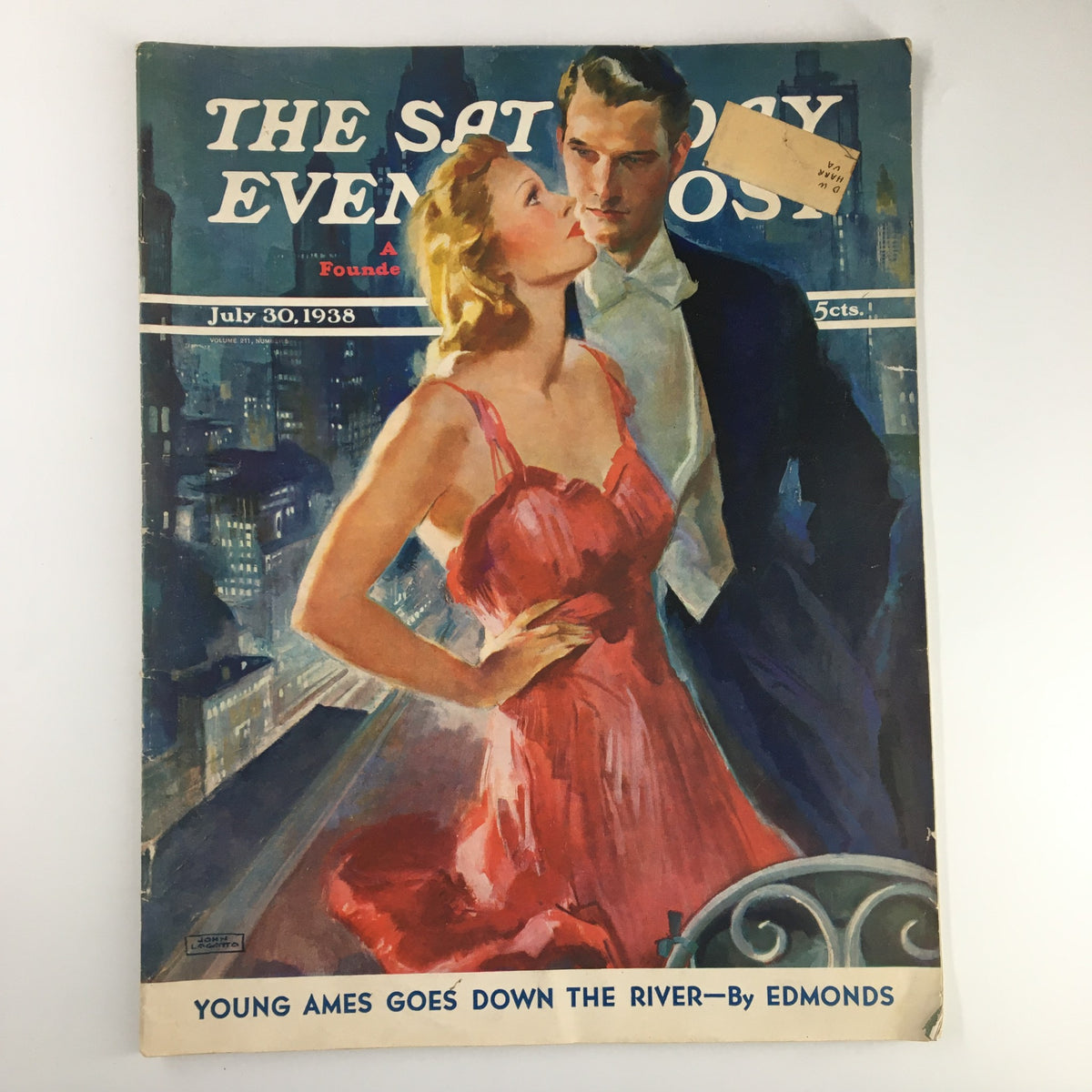The Saturday Evening Post from July 30, 1938 featuring the cover titled 'Young Ames Goes Down The River', showcasing a vintage illustration of a couple dressed elegantly in a romantic setting.