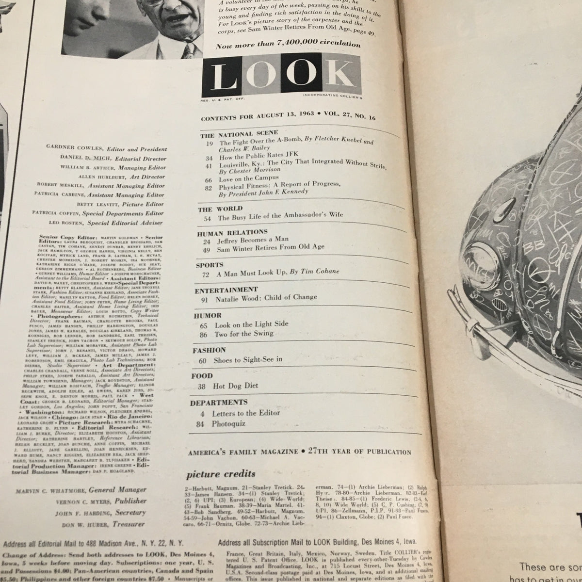 Contents page of VTG Look Magazine, August 13, 1963, listing various articles including 'The Flight Over the A-Bomb' and 'Human Relations' with notable headlines.