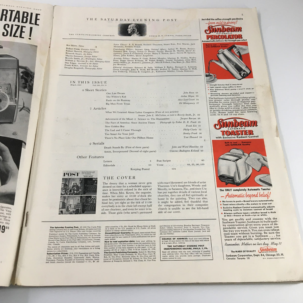 Inside page of The Saturday Evening Post May 3 1958 featuring articles and advertisements, providing insights into the magazine's content and layout.
