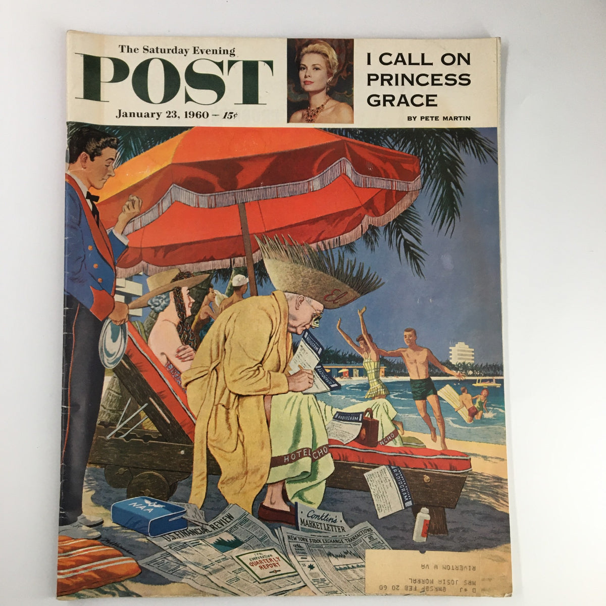 Cover of The Saturday Evening Post, January 23, 1960, featuring article 'I Call On Princess Grace' by Pete Martin with vibrant beach scene and portrait of Princess Grace of Monaco.