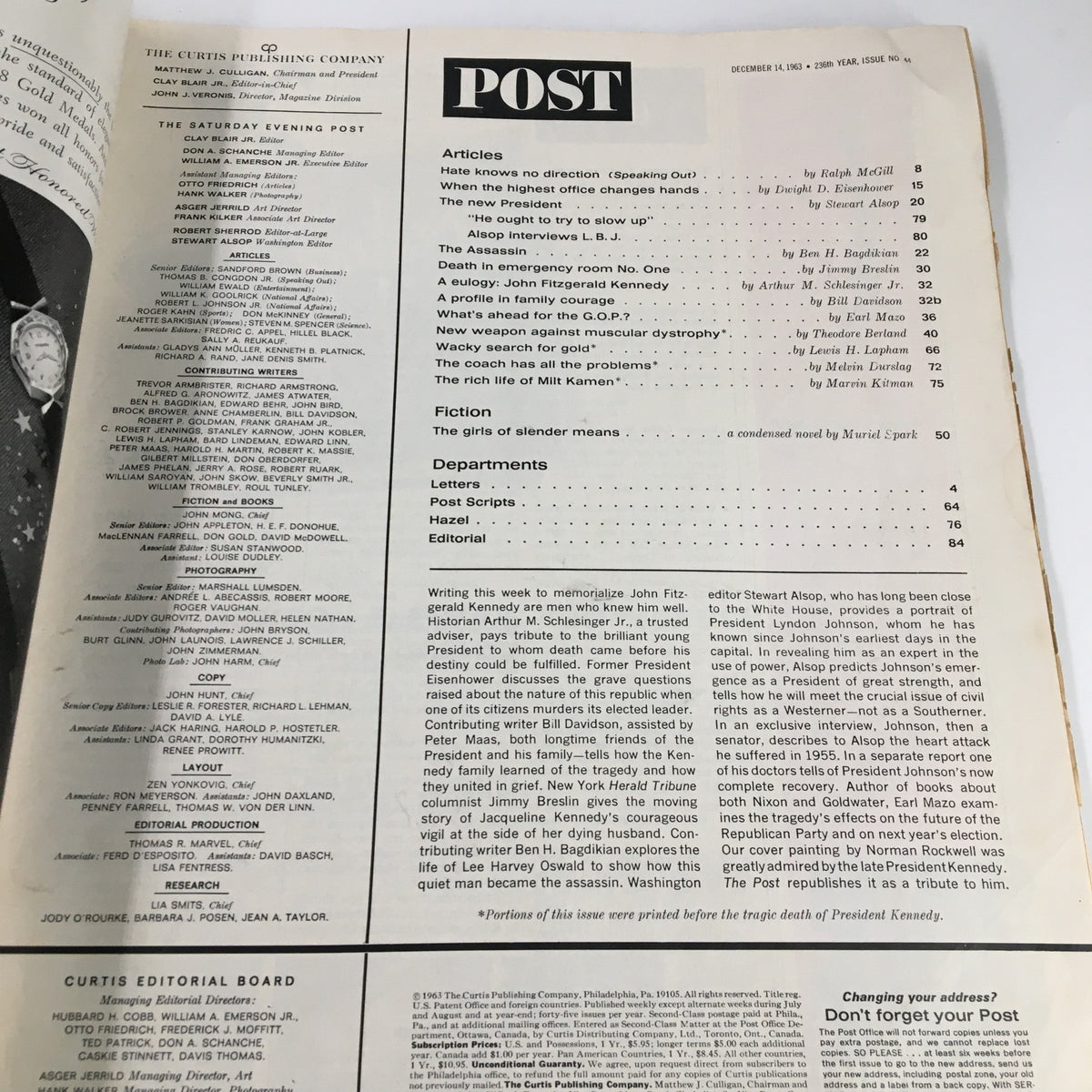 Interior page from The Saturday Evening Post, December 14, 1963, featuring articles and editorial content dedicated to John F. Kennedy's legacy.