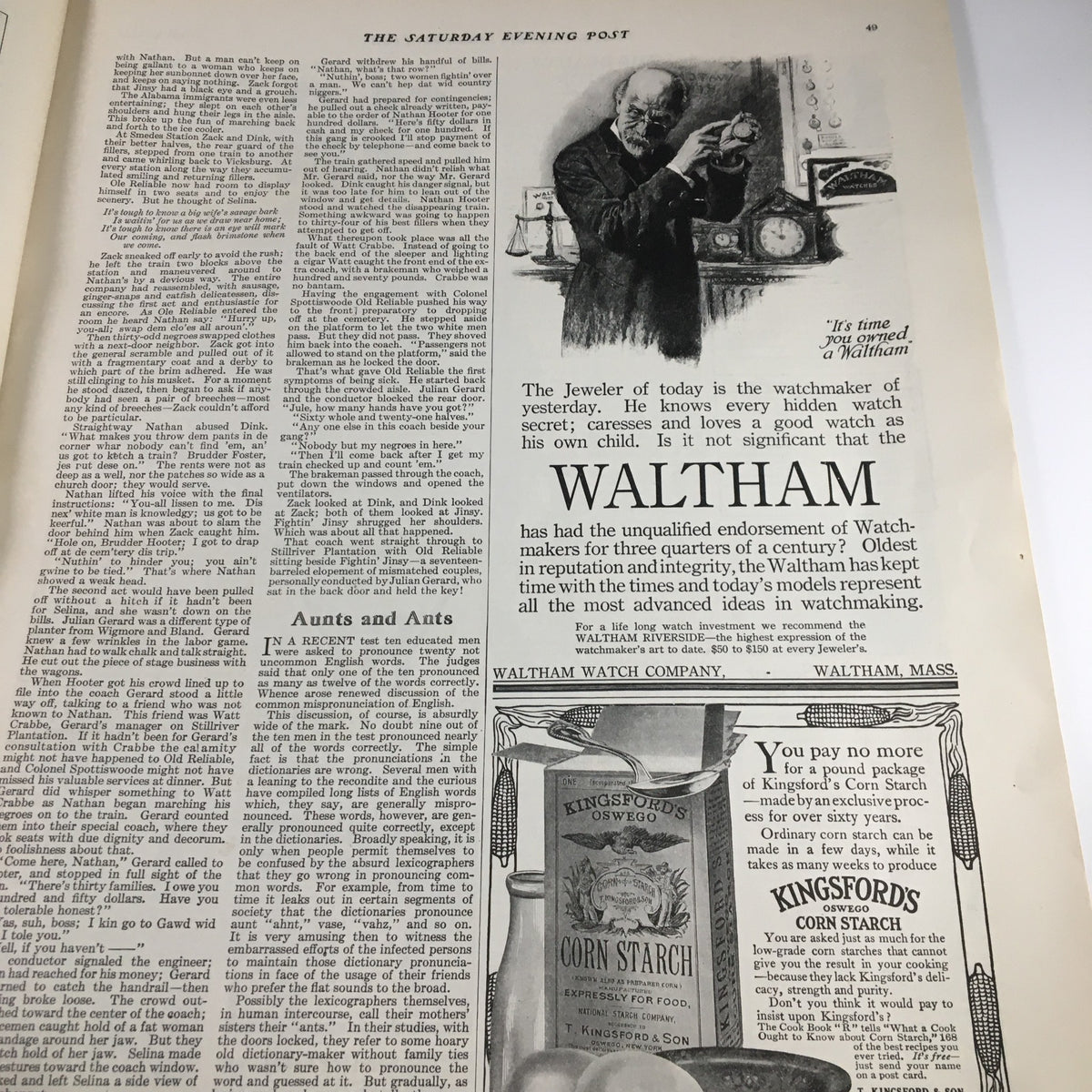 The Saturday Evening Post October 22 1910 highlighting an advertisement for the Waltham Watch Company alongside a discussion on the watchmaking industry, reflecting the historical context of the magazine's era.