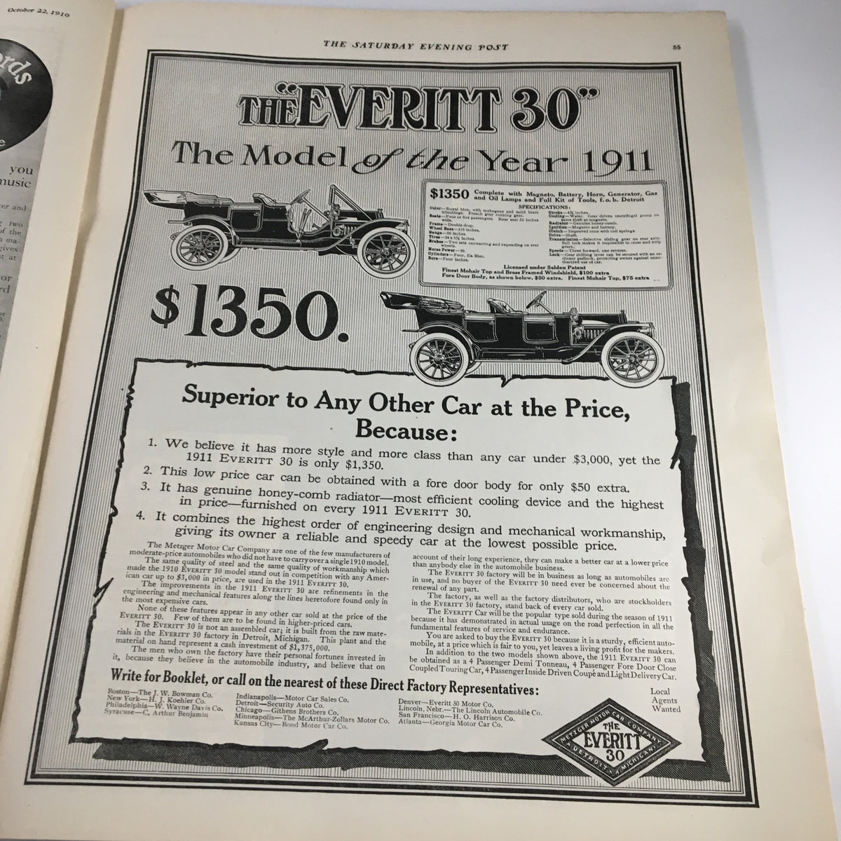 The Saturday Evening Post October 22 1910 In The Old Days of The Old Lyceum, showcasing the Everit 30 car advertisement for 1911 with price details.