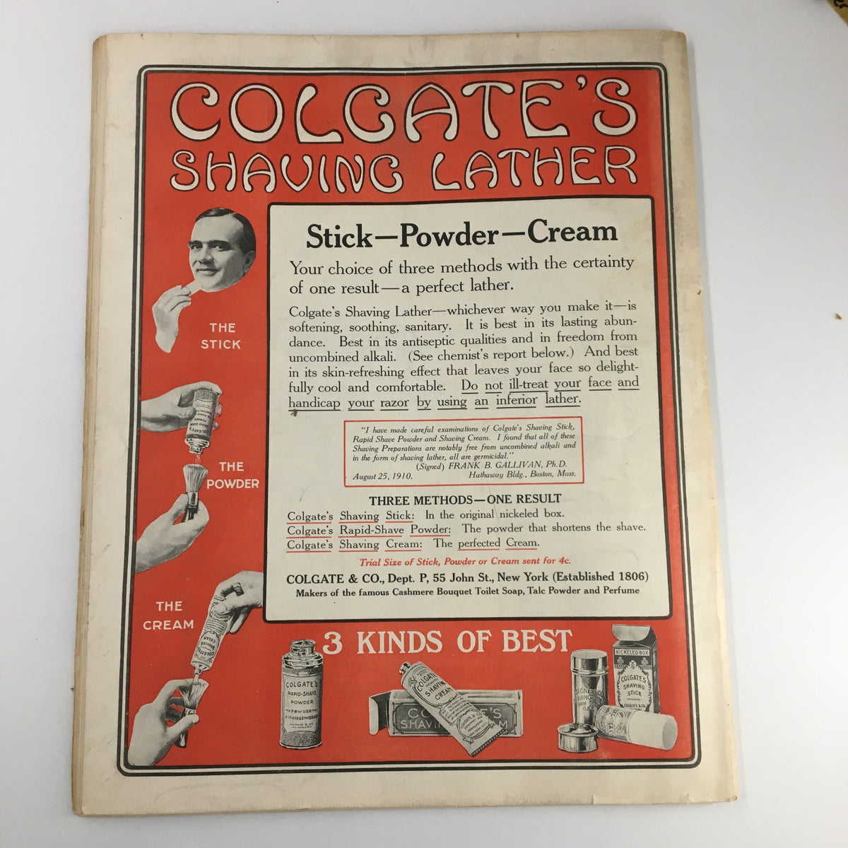 The Saturday Evening Post October 22 1910 In The Old Days of The Old Lyceum, featuring Colgate's Shaving Lather advertisement highlighting various shaving product options.