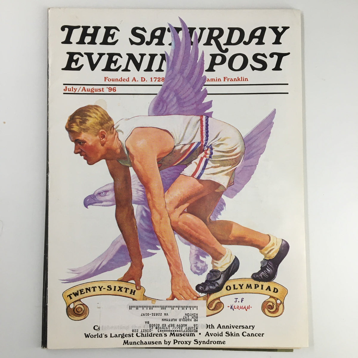 The Saturday Evening Post July 1996 cover featuring a vintage illustration of a male athlete sprinting with wings, representing imagination and creativity. Highlights the world's largest children's museum.