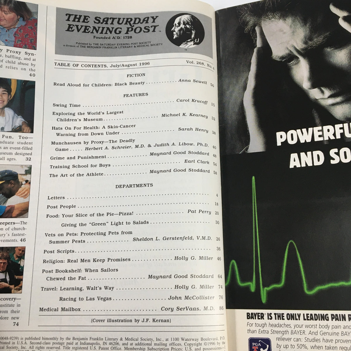 Inside spread of The Saturday Evening Post July 1996 displaying the table of contents, showcasing articles related to children's education, health, and entertainment.