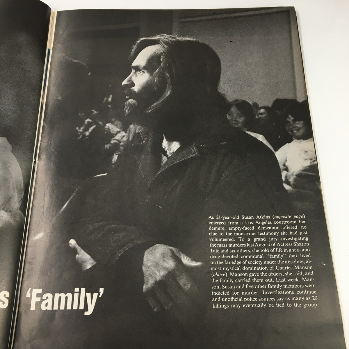 Image from VTG Life Magazine December 19, 1969, depicting Charles Manson in profile, reflecting on the psychological aspects of the Manson family cult.