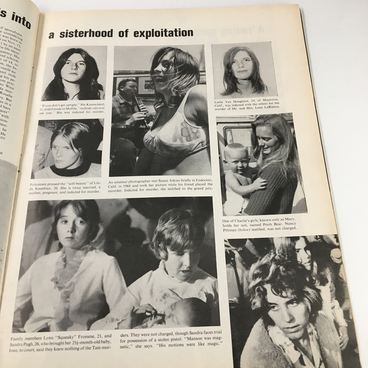 Photographs in VTG Life Magazine December 19, 1969, showcasing the women involved with Charles Manson, detailing their stories as part of the infamous Manson family.