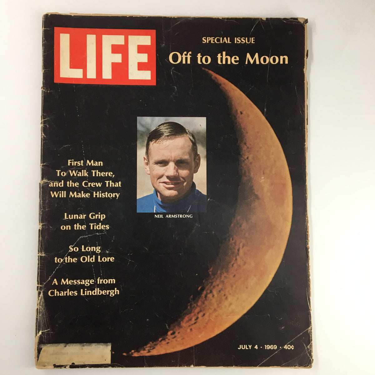 Cover of VTG Life Magazine July 4 1969 featuring Neil Armstrong, the first man to walk on the moon, with a striking image of the moon and space-themed background.