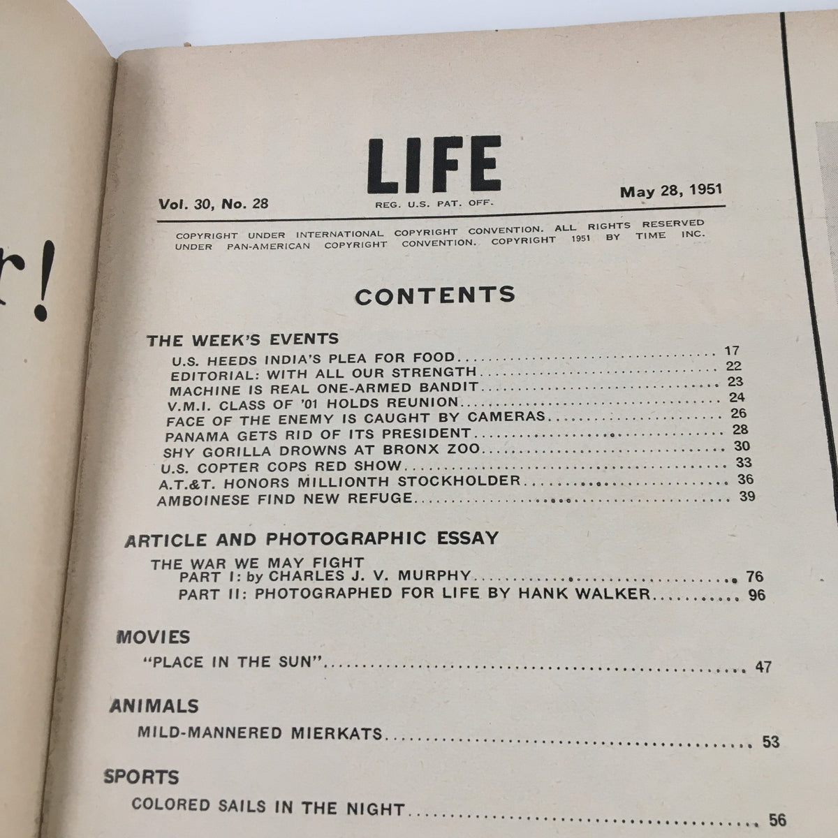 Inside page of VTG Life Magazine May 28 1951 displaying the table of contents, highlighting articles and essays including 'THE WAR WE MAY FIGHT'.