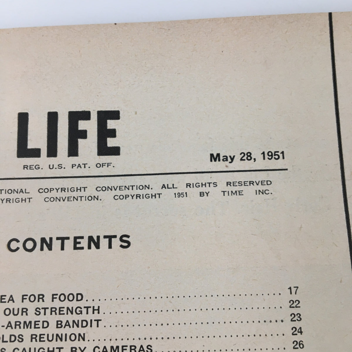 Cover page of VTG Life Magazine from May 28, 1951, featuring the title and contents overview, detailing articles about military insights and societal themes of the era.