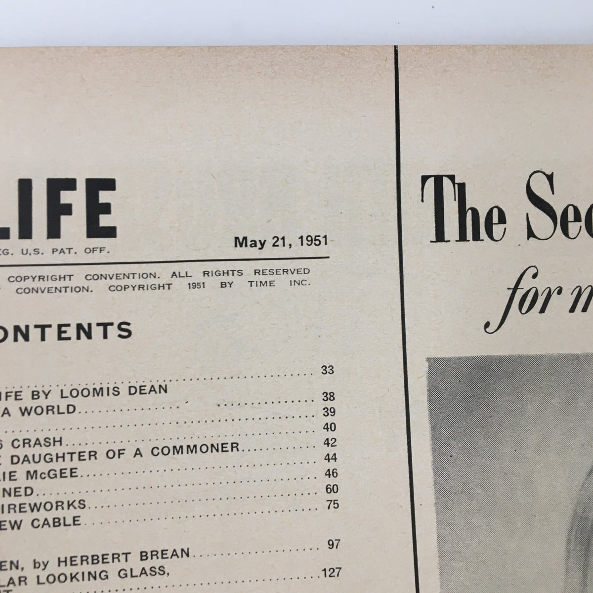 Close-up of the table of contents from VTG Life Magazine May 21 1951, detailing various features and articles from the issue, emphasizing its historical significance.