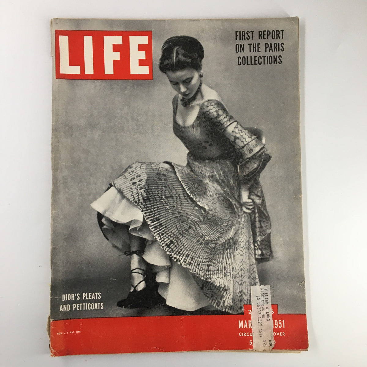 Cover of Life Magazine dated March 5, 1951, featuring 'Dior's Pleats and Petticoats' and highlighting the first report on the Paris fashion collections.