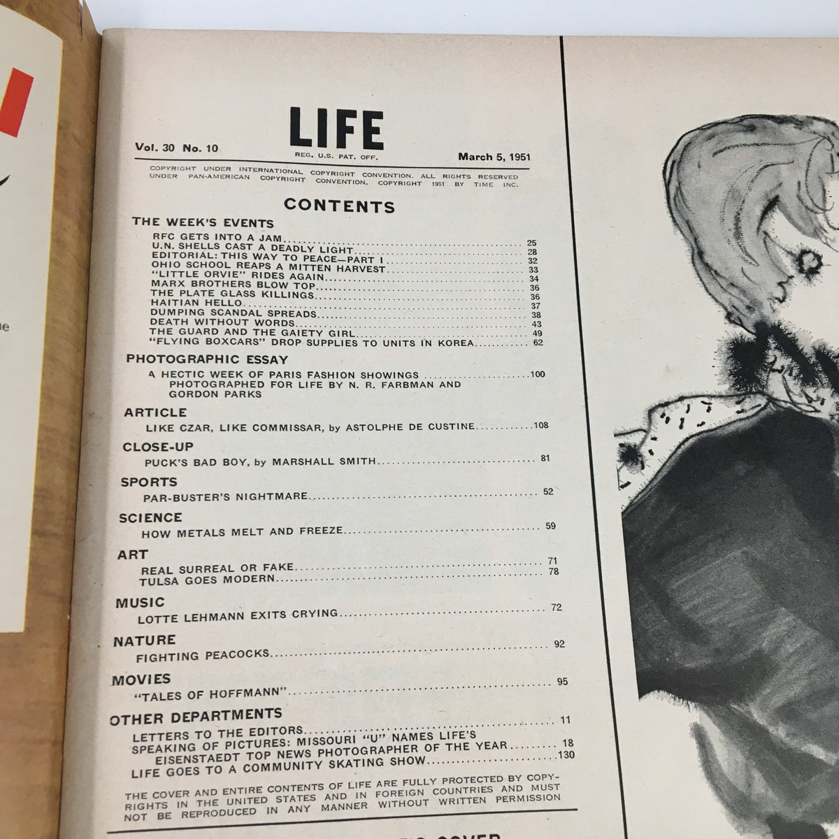 Contents page of Life Magazine, March 5, 1951, including features on Paris fashion showings and highlighting 'Dior's Pleats and Petticoats'.
