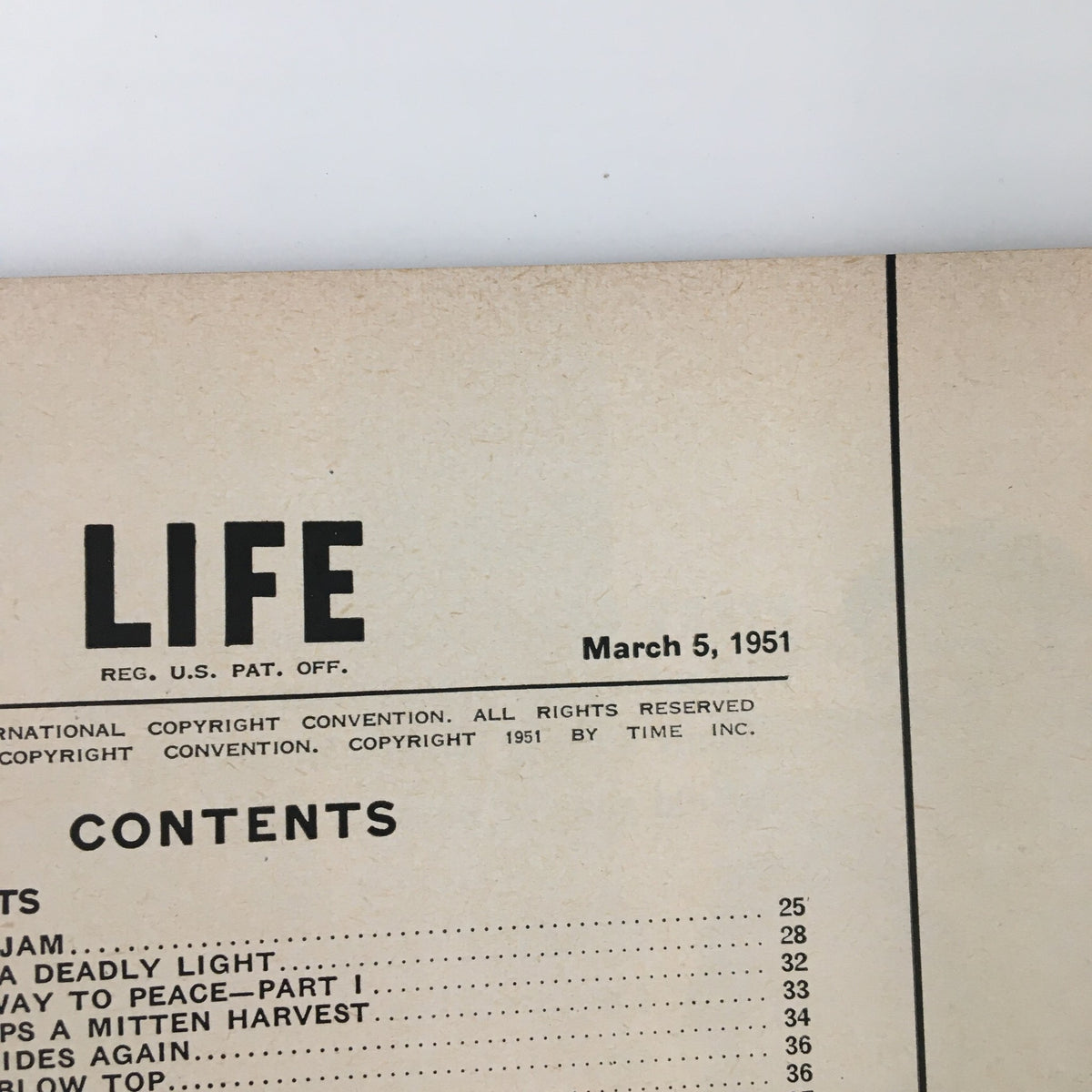 Another angle of the Contents page of Life Magazine from March 5, 1951, listing articles including fashion highlights and 'Dior's Pleats and Petticoats'.