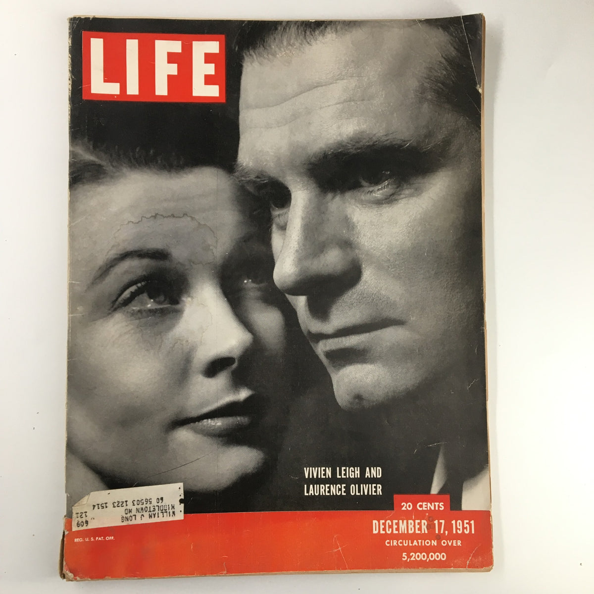 VTG Life Magazine December 17 1951 cover featuring iconic stars Vivien Leigh and Laurence Olivier, showcasing a close-up photo of their faces.