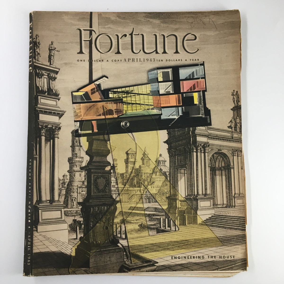 Cover of VTG Fortune Magazine April 1943 featuring abstract artwork and the title 'Fortune' with historical elements.