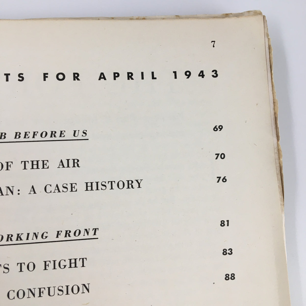 Interior page of VTG Fortune Magazine from April 1943, featuring contents for the month including articles titled 'BEFORE US', 'OF THE AIR', and 'MAN: A CASE HISTORY'. This page exemplifies mid-20th century magazine layout.
