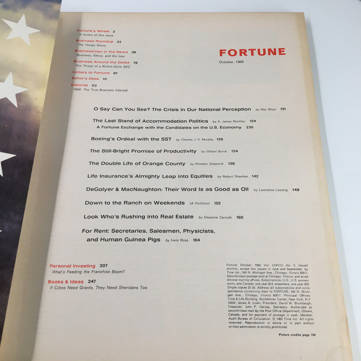 Inside page from the October 1968 edition of VTG Fortune Magazine, displaying the table of contents featuring topics like business politics and economics.