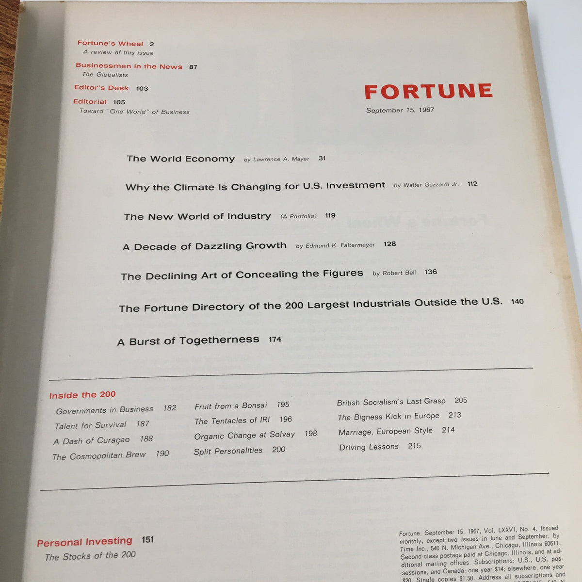 Inside cover of VTG Fortune Magazine September 15, 1967, featuring table of contents including articles on the world economy, business insights, and the Fortune directory of the 200 largest industrials outside the U.S.