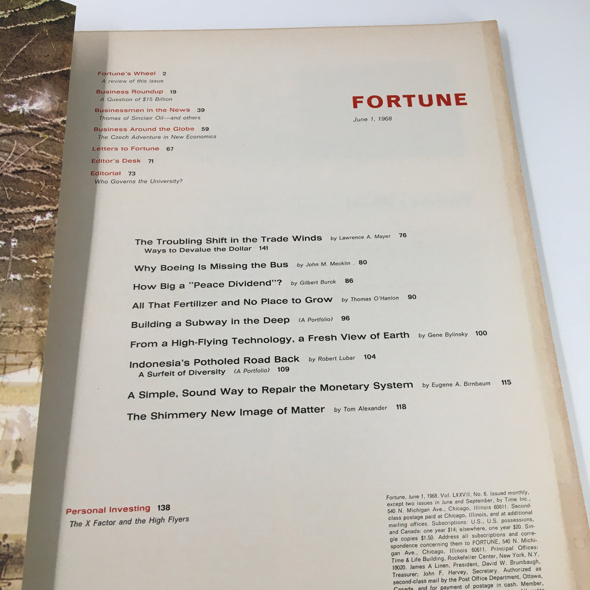 Inside page of the June 1, 1968 Fortune Magazine showcasing the table of contents, including the article 'The X Factor and the High Flyers'.