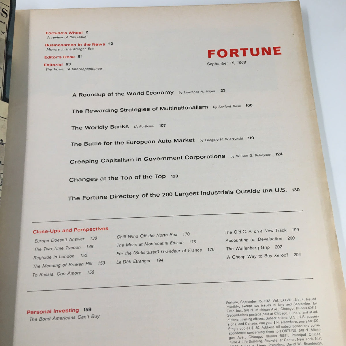 Interior page of the VTG Fortune Magazine from September 15, 1968, showcasing the table of contents with articles including 'The Bond Americans Can't Buy' and insights into the world of business and finance.
