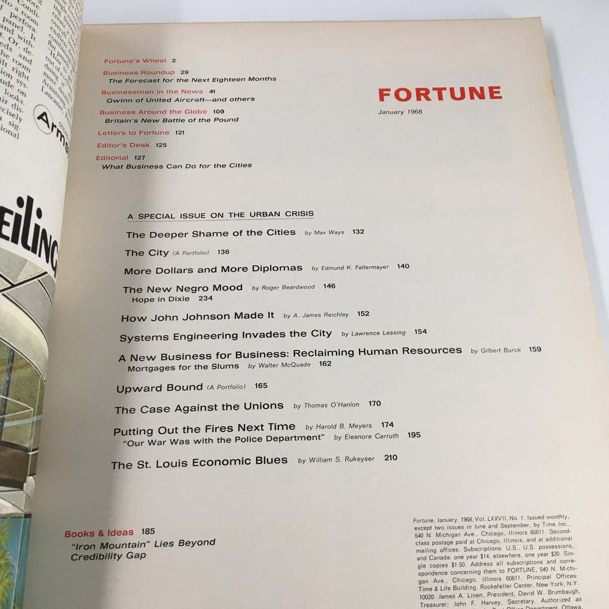 Table of contents from the January 1968 issue of VTG Fortune Magazine, highlighting articles on business and the urban crisis.