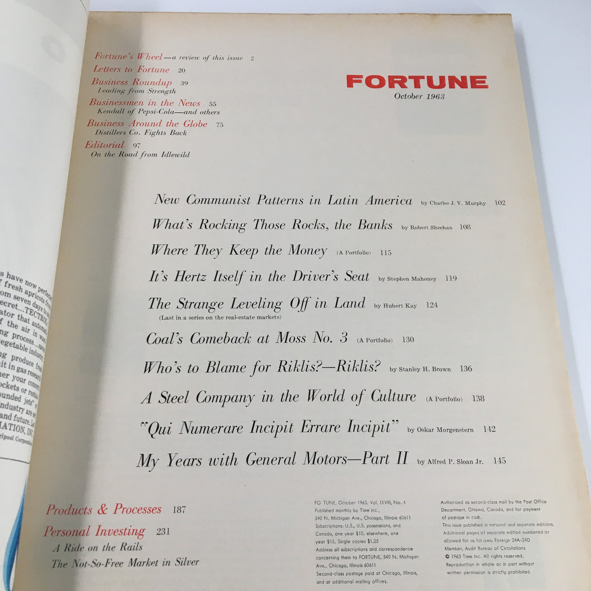 Table of contents for VTG Fortune Magazine October 1963, featuring articles on Communist Patterns in Latin America and various other economic topics.