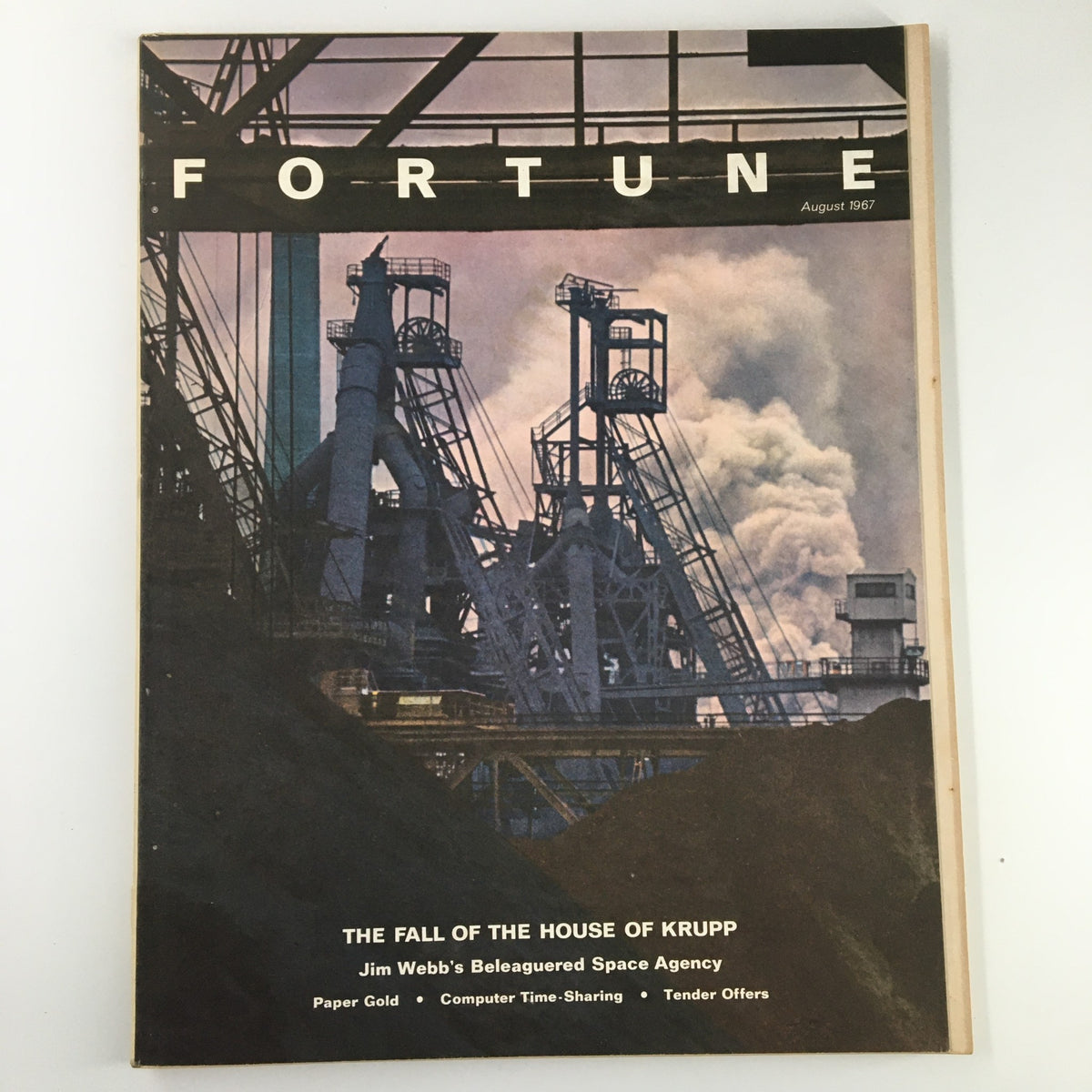 Vintage Fortune Magazine August 1967 cover featuring an industrial scene with smokestacks, titled 'The Fall of the House of Krupp,' focusing on Jim Webb's beleaguered Space Agency.