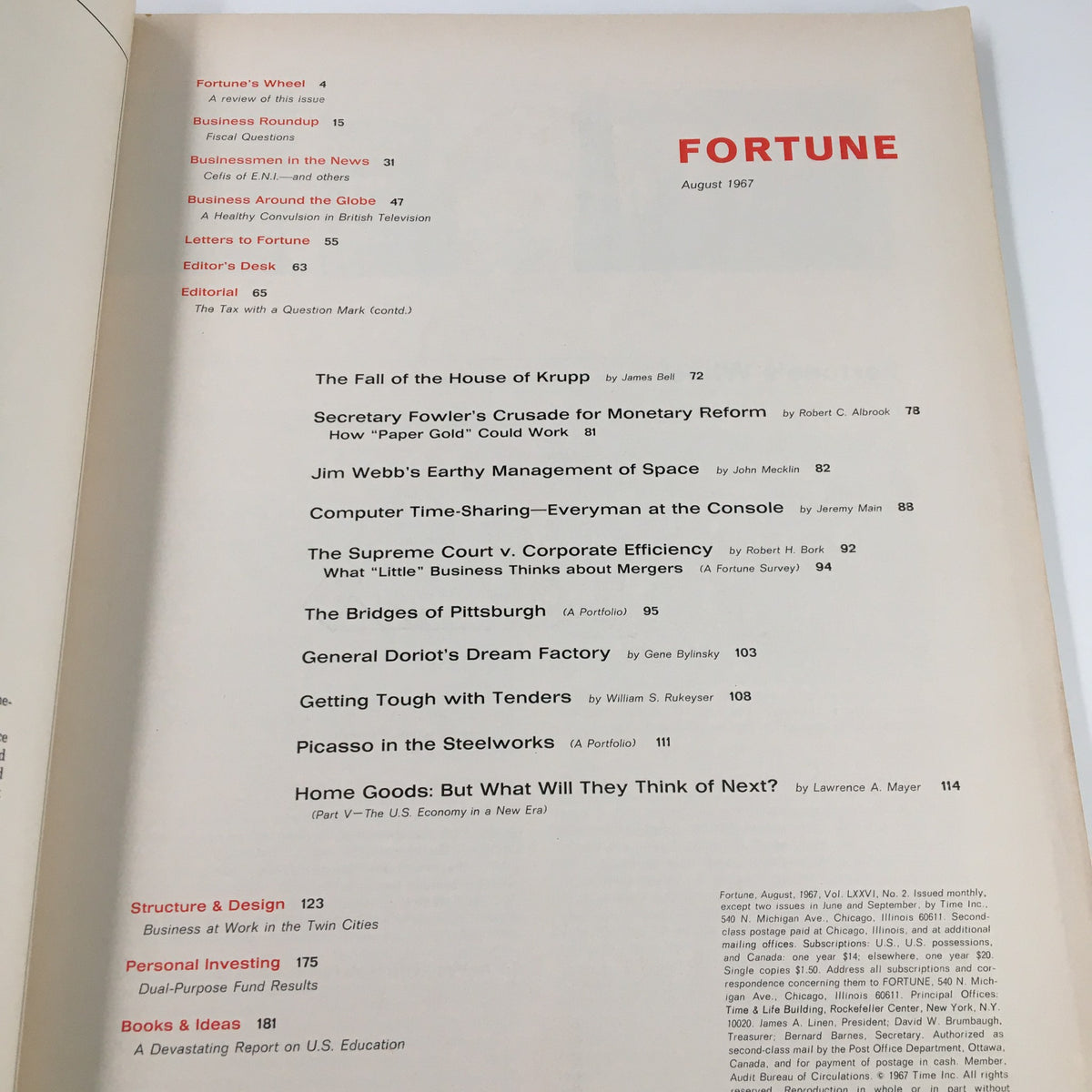 Interior page of the Vintage Fortune Magazine August 1967, showcasing the table of contents with an article list including Jim Webb's Earthy Management of Space.