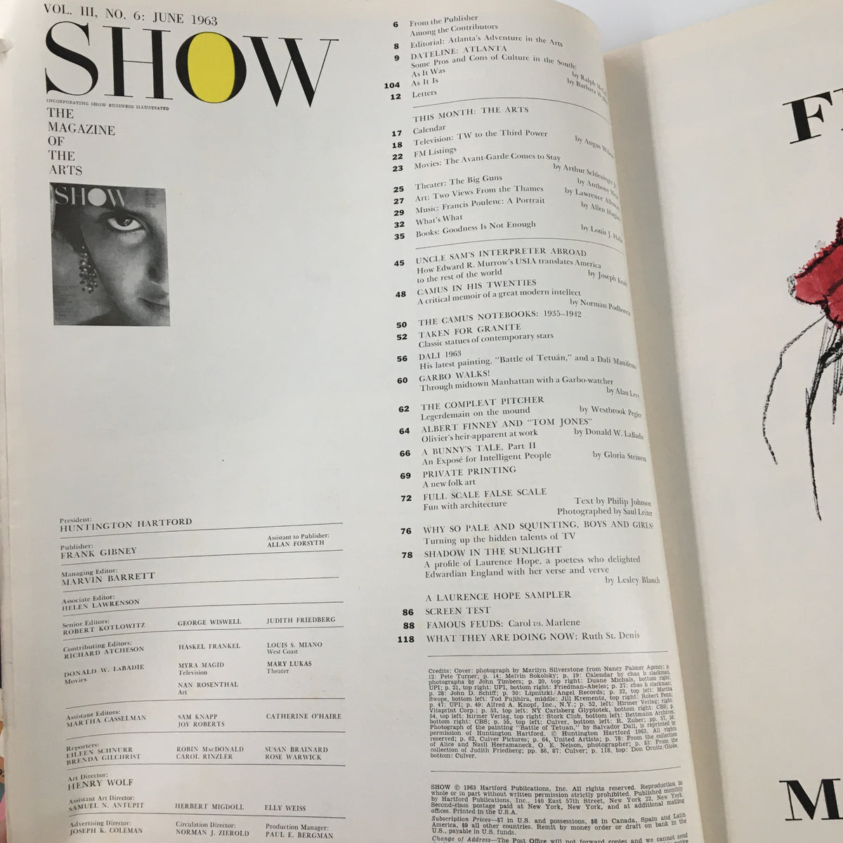 Interior pages of the VTG Show Magazine from June 1963 featuring a table of contents and articles related to the arts, highlighting the works of Laurence Hope and other contributors.