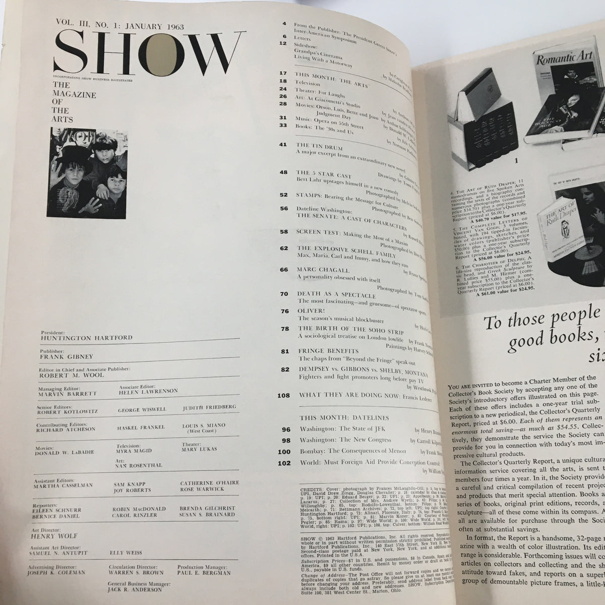 Interior page of VTG Show Magazine January 1963, displaying contents and articles related to theater arts, including features about The Kids From 'Oliver'.