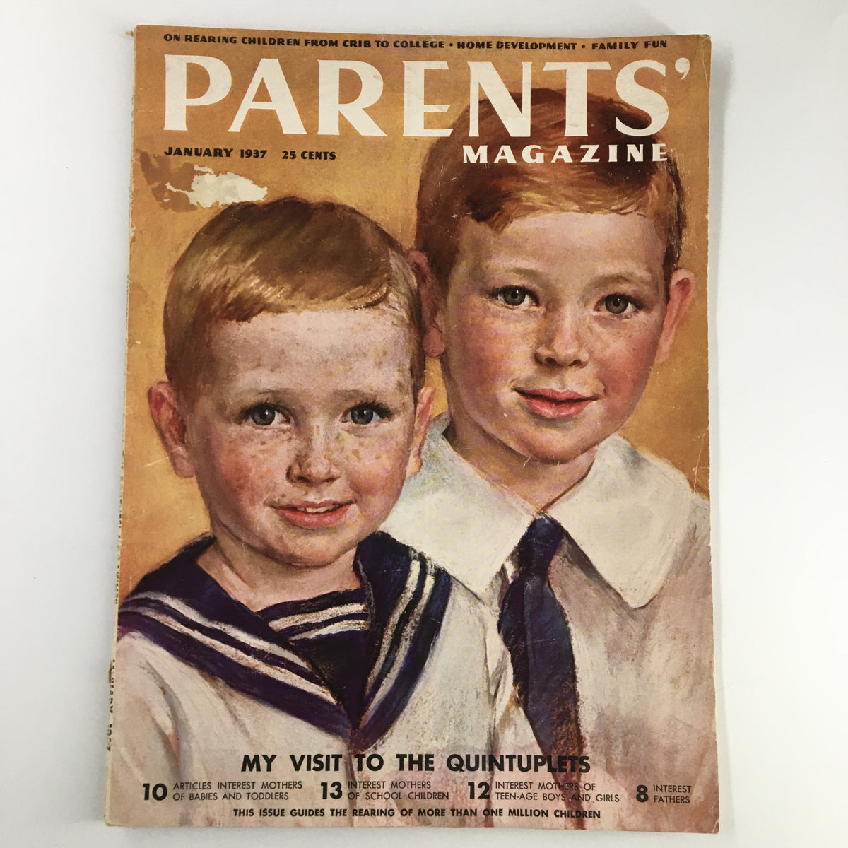 Cover of VTG Parents' Magazine January 1937 featuring two boys, highlighting the article 'My Visit To The Quintuplets.' This vintage magazine showcases the cultural significance of parenting in the 1930s.